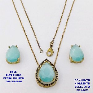 CONJUNTO NO BRUTO PRONTO PARA O BANHO(CX194)COM CORRENTE VENEZIANA DE 45CM / BRINCO E PINGENTE COM PEDRA DE CALCEDONIA COM BASE EM ALTA FUSÃO " 10X14MM " / PESO 7,7GR - BRU28307