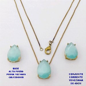 CONJUNTO NO BRUTO PRONTO PARA O BANHO(CX194)COM CORRENTE VENEZIANA DE 45CM / BRINCO E PINGENTE COM PEDRA DE CALCEDONIA COM BASE EM ALTA FUSÃO " 10X14MM " / PESO 7,7GR - BRU28308