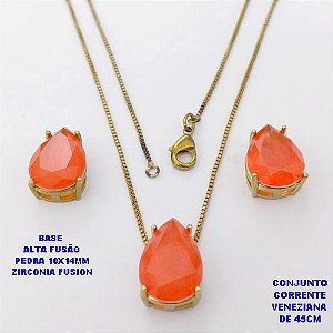 CONJUNTO NO BRUTO PRONTO PARA O BANHO(CX194)COM CORRENTE VENEZIANA DE 45CM / BRINCO E PINGENTE COM PEDRA ZIRCONIA "FUSION" COM BASE EM ALTA FUSÃO " 10X14MM " / PESO 7,7GR - BRU28309