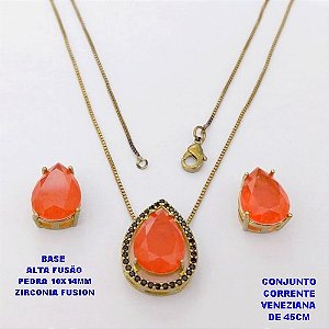 CONJUNTO NO BRUTO PRONTO PARA O BANHO(CX194)COM CORRENTE VENEZIANA DE 45CM / BRINCO E PINGENTE COM PEDRA DE ZIRCONIA "FUSION" COM BASE EM ALTA FUSÃO " 10X14MM " / PESO 7,7GR - BRU28310