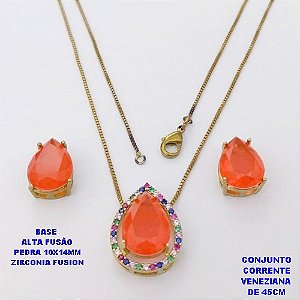 CONJUNTO NO BRUTO PRONTO PARA O BANHO(CX194)COM CORRENTE VENEZIANA DE 45CM / BRINCO E PINGENTE COM PEDRA DE ZIRCONIA "FUSION" COM BASE EM ALTA FUSÃO " 10X14MM " / PESO 7,7GR - BRU28311