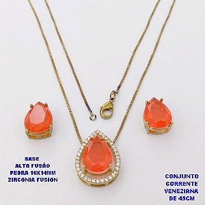 CONJUNTO NO BRUTO PRONTO PARA O BANHO(CX194)COM CORRENTE VENEZIANA DE 45CM / BRINCO E PINGENTE COM PEDRA DE ZIRCONIA "FUSION" COM BASE EM ALTA FUSÃO " 10X14MM " / PESO 7,7GR - BRU28312
