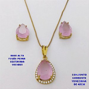 CONJUNTO NO BRUTO PRONTO PARA O BANHO(CX194)COM CORRENTE VENEZIANA DE 45CM / BRINCO E PINGENTE COM PEDRA SEXTAVADA COM BASE EM ALTA FUSÃO " 10X14MM " / PESO 7,7GR - BRU28313