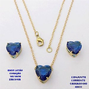 CONJUNTO NO BRUTO PRONTO PARA O BANHO(POTE)COM CORRENTE CADEADO DE 45CM / BRINCO E PINGENTE COM BASE EM LATÃO FORMATO DE CORAÇÃO ZIRCONIA " 10X10MM " / PESO 3.9GR - BRU28315