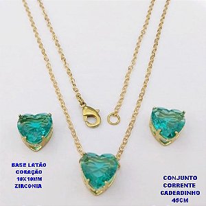 CONJUNTO NO BRUTO PRONTO PARA O BANHO(POTE)COM CORRENTE CADEADO DE 45CM / BRINCO E PINGENTE COM BASE EM LATÃO FORMATO DE CORAÇÃO ZIRCONIA " 10X10MM " / PESO 3.9GR - BRU28316
