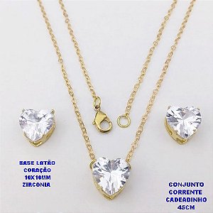 CONJUNTO NO BRUTO PRONTO PARA O BANHO(POTE)COM CORRENTE CADEADO DE 45CM / BRINCO E PINGENTE COM BASE EM LATÃO FORMATO DE CORAÇÃO ZIRCONIA " 10X10MM " / PESO 3.9GR - BRU28317