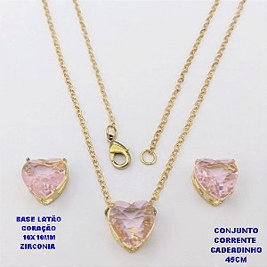 CONJUNTO NO BRUTO PRONTO PARA O BANHO(POTE)COM CORRENTE CADEADO DE 45CM / BRINCO E PINGENTE COM BASE EM LATÃO FORMATO DE CORAÇÃO ZIRCONIA " 10X10MM " / PESO 3.9GR - BRU28318