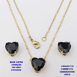 CONJUNTO NO BRUTO PRONTO PARA O BANHO(POTE)COM CORRENTE CADEADO DE 45CM / BRINCO E PINGENTE COM BASE EM LATÃO FORMATO DE CORAÇÃO ZIRCONIA " 10X10MM " / PESO 3.9GR - BRU28319