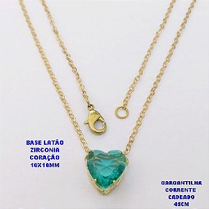 GARGANTILHA NO BRUTO PRONTO PARA O BANHO(POTE)COM CORRENTE CADEADO DE 45CM / BRINCO E PINGENTE COM BASE EM LATÃO FORMATO DE CORAÇÃO ZIRCONIA " 10X10MM " / PESO 2.4GR - BRU28316A