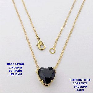 GARGANTILHA NO BRUTO PRONTO PARA O BANHO(POTE)COM CORRENTE CADEADO DE 45CM / BRINCO E PINGENTE COM BASE EM LATÃO FORMATO DE CORAÇÃO ZIRCONIA " 10X10MM " / PESO 2.4GR - BRU28319A