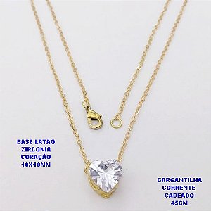 GARGANTILHA NO BRUTO PRONTO PARA O BANHO(POTE)COM CORRENTE CADEADO DE 45CM / BRINCO E PINGENTE COM BASE EM LATÃO FORMATO DE CORAÇÃO ZIRCONIA " 10X10MM " / PESO 2.4GR - BRU28317A
