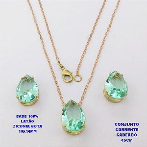 CONJUNTO NO BRUTO PRONTO PARA O BANHO(POTE)COM CORRENTE CADEADO DE 45CM / BRINCO E PINGENTE COM BASE EM LATÃO FORMATO DE GOTA ZIRCONIA " 10X14MM " / PESO 5.3GR - BRU28339