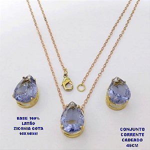 CONJUNTO NO BRUTO PRONTO PARA O BANHO(POTE)COM CORRENTE CADEADO DE 45CM / BRINCO E PINGENTE COM BASE EM LATÃO FORMATO DE GOTA ZIRCONIA " 10X14MM " / PESO 5.3GR - BRU28340