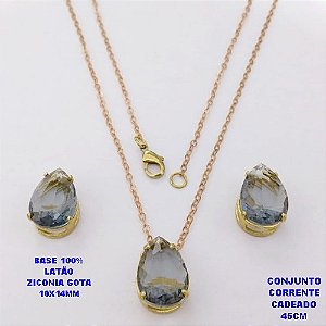 CONJUNTO NO BRUTO PRONTO PARA O BANHO(POTE)COM CORRENTE CADEADO DE 45CM / BRINCO E PINGENTE COM BASE EM LATÃO FORMATO DE GOTA ZIRCONIA " 10X14MM " / PESO 5.3GR - BRU28341