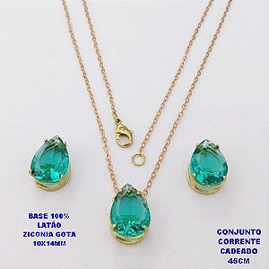 CONJUNTO NO BRUTO PRONTO PARA O BANHO(POTE)COM CORRENTE CADEADO DE 45CM / BRINCO E PINGENTE COM BASE EM LATÃO FORMATO DE GOTA ZIRCONIA " 10X14MM " / PESO 5.3GR - BRU28343