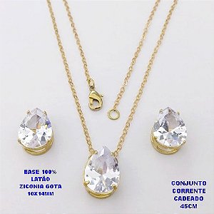 CONJUNTO NO BRUTO PRONTO PARA O BANHO(POTE)COM CORRENTE CADEADO DE 45CM / BRINCO E PINGENTE COM BASE EM LATÃO FORMATO DE GOTA ZIRCONIA " 10X14MM " / PESO 5.3GR - BRU28344