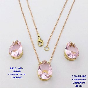 CONJUNTO NO BRUTO PRONTO PARA O BANHO(POTE)COM CORRENTE CADEADO DE 45CM / BRINCO E PINGENTE COM BASE EM LATÃO FORMATO DE GOTA ZIRCONIA " 10X14MM " / PESO 5.3GR - BRU28345