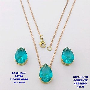 CONJUNTO NO BRUTO PRONTO PARA O BANHO(POTE)COM CORRENTE CADEADO DE 45CM / BRINCO E PINGENTE COM BASE EM LATÃO FORMATO DE GOTA ZIRCONIA " 10X14MM " / PESO 5.3GR - BRU28346