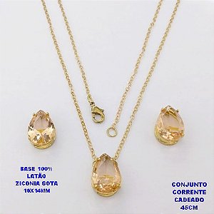 CONJUNTO NO BRUTO PRONTO PARA O BANHO(POTE)COM CORRENTE CADEADO DE 45CM / BRINCO E PINGENTE COM BASE EM LATÃO FORMATO DE GOTA ZIRCONIA " 10X14MM " / PESO 5.3GR - BRU28347