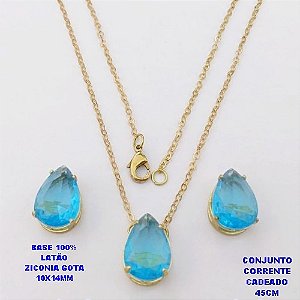 CONJUNTO NO BRUTO PRONTO PARA O BANHO(POTE)COM CORRENTE CADEADO DE 45CM / BRINCO E PINGENTE COM BASE EM LATÃO FORMATO DE GOTA ZIRCONIA " 10X14MM " / PESO 5.3GR - BRU28348