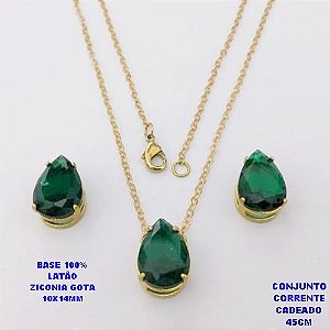 CONJUNTO NO BRUTO PRONTO PARA O BANHO(POTE)COM CORRENTE CADEADO DE 45CM / BRINCO E PINGENTE COM BASE EM LATÃO FORMATO DE GOTA ZIRCONIA " 10X14MM " / PESO 5.3GR - BRU28349