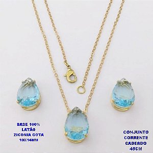CONJUNTO NO BRUTO PRONTO PARA O BANHO(POTE)COM CORRENTE CADEADO DE 45CM / BRINCO E PINGENTE COM BASE EM LATÃO FORMATO DE GOTA ZIRCONIA " 10X14MM " / PESO 5.3GR - BRU28350