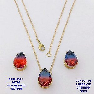 CONJUNTO NO BRUTO PRONTO PARA O BANHO(POTE)COM CORRENTE CADEADO DE 45CM / BRINCO E PINGENTE COM BASE EM LATÃO FORMATO DE GOTA ZIRCONIA " 10X14MM " / PESO 5.3GR - BRU28351