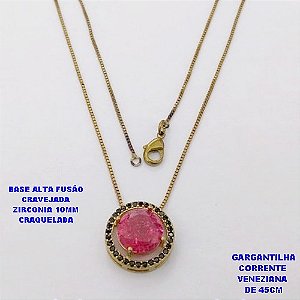 GARGANTILHA NO BRUTO PRONTO PARA O BANHO(CX194)CORRENTE VENEZIANA DE 45CM PINGENTE CRAVEJADO EM BASE ALTA FUSSÃO COM ZIRCONIA CRAQUELADA" 10X10MM " PESO 1.9GR -BRU28359