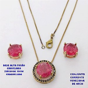 CONJUNTO NO BRUTO PRONTO PARA O BANHO(CX194) CONJUNTO COM CORRENTE VENEZIANA DE 45CM PINGENTE E BRINCO EM ALTA FUSÃO(ZIRCONIA CRAQUELADA)" 10X10MM" / PESO 5.8GR - BRU28360
