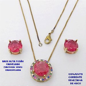 CONJUNTO NO BRUTO PRONTO PARA O BANHO(CX194) CONJUNTO COM CORRENTE VENEZIANA DE 45CM PINGENTE E BRINCO EM ALTA FUSÃO(ZIRCONIA CRAQUELADA)" 10X10MM" / PESO 5.8GR - BRU28363
