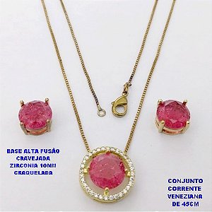 CONJUNTO NO BRUTO PRONTO PARA O BANHO(CX194) CONJUNTO COM CORRENTE VENEZIANA DE 45CM PINGENTE E BRINCO EM ALTA FUSÃO(ZIRCONIA CRAQUELADA)" 10X10MM" / PESO 5.8GR - BRU28364
