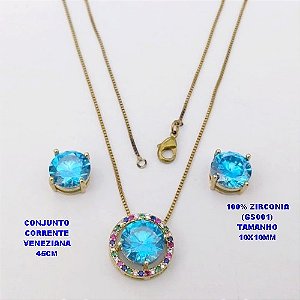 CONJUNTO NO BRUTO PRONTO PARA O BANHO(POTE) CONJUNTO COM CORRENTE VENEZIANA DE 45CM PINGENTE E BRINCO EM ALTA FUSÃO(ZIRCONIA GS001 )" 10X10MM" / PESO 5.8GR - BRU28370