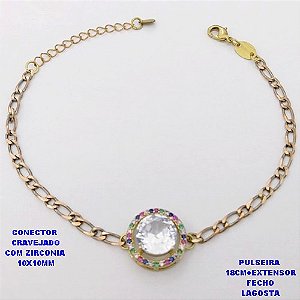 PULSEIRA NO BRUTO PRONTO PARA O BANHO(CX193)PULSEIRA CORRENTE 1X1 100% LATÃO 18CM+EXTENSOR - CONECTOR DE 1,5CM CRAVEJADO / ZIRCONIA 10X10MM / PESO 4.8GR - BRU28384