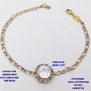 PULSEIRA NO BRUTO PRONTO PARA O BANHO(CX193)PULSEIRA CORRENTE 1X1 100% LATÃO 18CM+EXTENSOR - CONECTOR DE 1,5CM CRAVEJADO / ZIRCONIA 10X10MM / PESO 4.8GR - BRU28385