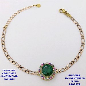 PULSEIRA NO BRUTO PRONTO PARA O BANHO(CX193)PULSEIRA CORRENTE 1X1 100% LATÃO 18CM+EXTENSOR - CONECTOR DE 1,5CM CRAVEJADO / ZIRCONIA 10X10MM / PESO 4.8GR - BRU28386