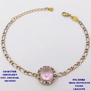 PULSEIRA NO BRUTO PRONTO PARA O BANHO(CX193)PULSEIRA CORRENTE 1X1 100% LATÃO 18CM+EXTENSOR - CONECTOR DE 1,5CM CRAVEJADO / ZIRCONIA 10X10MM / PESO 4.8GR - BRU28387