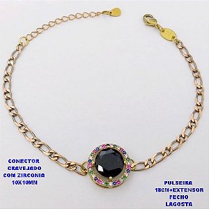 PULSEIRA NO BRUTO PRONTO PARA O BANHO(CX193)PULSEIRA CORRENTE 1X1 100% LATÃO 18CM+EXTENSOR - CONECTOR DE 1,5CM CRAVEJADO / ZIRCONIA 10X10MM / PESO 4.8GR - BRU28388