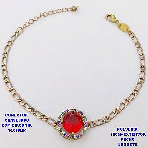 PULSEIRA NO BRUTO PRONTO PARA O BANHO(CX193)PULSEIRA CORRENTE 1X1 100% LATÃO 18CM+EXTENSOR - CONECTOR DE 1,5CM CRAVEJADO / ZIRCONIA 10X10MM / PESO 4.8GR - BRU28389