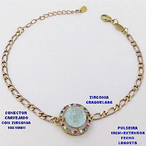 PULSEIRA NO BRUTO PRONTO PARA O BANHO(CX193)PULSEIRA CORRENTE 1X1 100% LATÃO 18CM+EXTENSOR - CONECTOR DE 1,5CM CRAVEJADO / ZIRCONIA 10X10MM / PESO 4.8GR - BRU28390