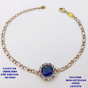PULSEIRA NO BRUTO PRONTO PARA O BANHO(CX193)PULSEIRA CORRENTE 1X1 100% LATÃO 18CM+EXTENSOR - CONECTOR DE 1,5CM CRAVEJADO / ZIRCONIA 10X10MM / PESO 4.8GR - BRU28391