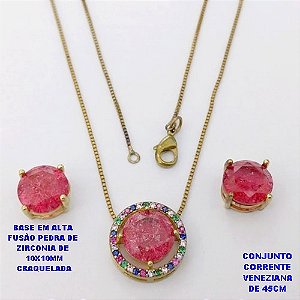 CONJUNTO NO BRUTO PRONTO PARA O BANHO(POTE) CONJUNTO COM CORRENTE VENEZIANA DE 45CM / BRINCO E PINGENTE COM BASE EM ALTA FUSÃO(ZIRCONIA CRAQUELADA )" 10X10MM" / PESO 6.9GR - BRU28398