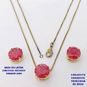 CONJUNTO NO BRUTO PRONTO PARA O BANHO(POTE) CONJUNTO COM CORRENTE VENEZIANA DE 45CM / PINGENTE E BRINCO COM BASE EM LATÃO (ZIRCONIA CRAQUELADA )" 10X10MM" / PESO 4,9GR - BRU28403