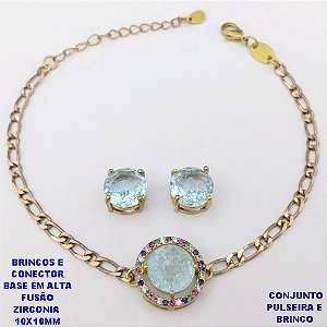 CONJUNTO NO BRUTO PRONTO PARA O BANHO(CX193) PULSEIRA COM CORRENTE UM EM UM FECHO LAGOSTA 18CM+EXTENSOR + BRINCO EM ALTA FUSÃO (ZIRCONIA CRAQUELADA )" 10X10MM" / PESO 7.2GR - BRU28390A
