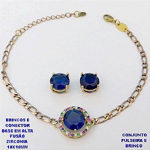 CONJUNTO NO BRUTO PRONTO PARA O BANHO(CX193) PULSEIRA COM CORRENTE UM EM UM FECHO LAGOSTA 18CM+EXTENSOR + BRINCO EM ALTA FUSÃO (ZIRCONIA )" 10X10MM" / PESO 7.2GR - BRU28391A