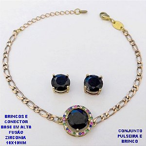 CONJUNTO NO BRUTO PRONTO PARA O BANHO(CX193) PULSEIRA COM CORRENTE UM EM UM FECHO LAGOSTA 18CM+EXTENSOR + BRINCO EM ALTA FUSÃO (ZIRCONIA )" 10X10MM" / PESO 7.2GR - BRU28388A