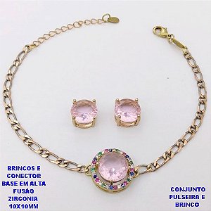 CONJUNTO NO BRUTO PRONTO PARA O BANHO(CX193) PULSEIRA COM CORRENTE UM EM UM FECHO LAGOSTA 18CM+EXTENSOR + BRINCO EM ALTA FUSÃO (ZIRCONIA )" 10X10MM" / PESO 7.2GR - BRU28387A