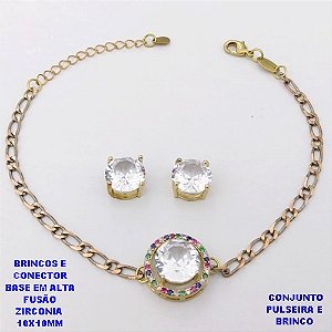 CONJUNTO NO BRUTO PRONTO PARA O BANHO(CX193) PULSEIRA COM CORRENTE UM EM UM FECHO LAGOSTA 18CM+EXTENSOR + BRINCO EM ALTA FUSÃO (ZIRCONIA )" 10X10MM" / PESO 7.2GR - BRU28384A