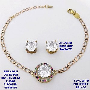CONJUNTO NO BRUTO PRONTO PARA O BANHO(CX193) PULSEIRA COM CORRENTE UM EM UM FECHO LAGOSTA 18CM+EXTENSOR + BRINCO EM ALTA FUSÃO (ZIRCONIA ROSE CUT GS121 )" 10X10MM" / PESO 7.2GR - BRU28384A