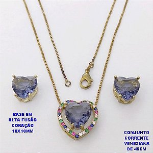 CONJUNTO NO BRUTO PRONTO PARA O BANHO - CONJUNTO COM CORRENTE VENEZIANA DE 45CM / BRINCO E PINGENTE COM BASE EM ALTA FUSÃO(ZIRCONIA CORAÇÃO )" 10X10MM" / PESO 6.3GR - BRU28414