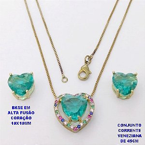 CONJUNTO NO BRUTO PRONTO PARA O BANHO - CONJUNTO COM CORRENTE VENEZIANA DE 45CM / BRINCO E PINGENTE COM BASE EM ALTA FUSÃO(ZIRCONIA CORAÇÃO )" 10X10MM" / PESO 6.3GR - BRU28415
